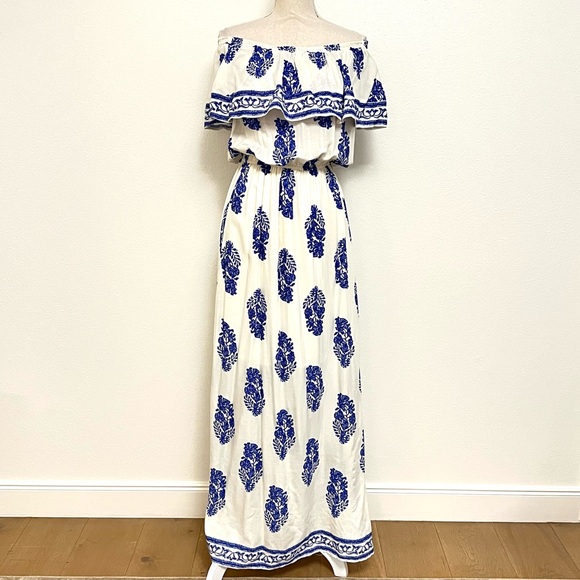 kori america Dresses & Skirts - Kori America Off-Shoulder Blue and White Dress